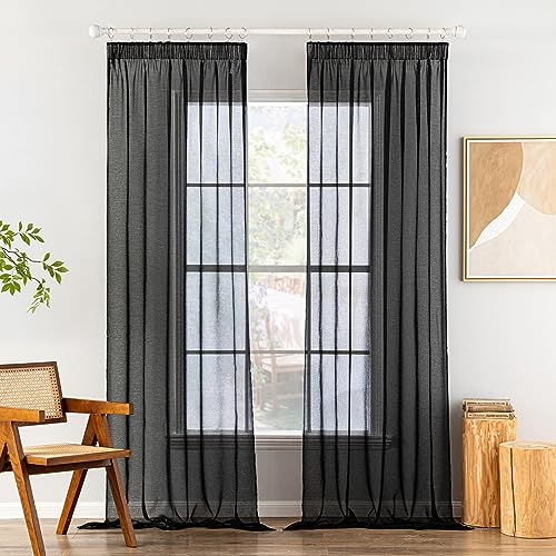 MIULEE Gardinen Vorhänge mit Kräuselband 2er Set Gardine Vorhang Gardinen Wohnzimmer aus Sheer Voile Curtains Transparent Schlafzimmer Schwarz 140 x 260 cm