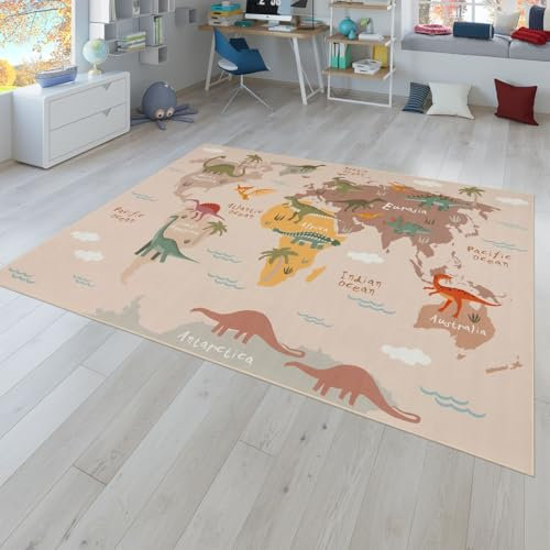 TT Home Kinderteppich Babyzimmer Teppich Kinderzimmer rutschfest Tiere Weltkarte Autos, Farbe:Grün Beige Braun, Größe:200x290 cm