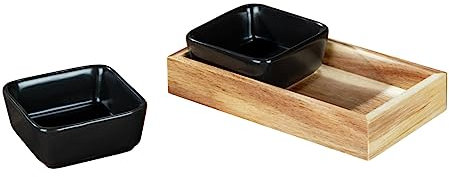 Cuencos con bandeja Mod. Elo, 2 cuencos de cerámica para servir salsas, salsas y aperitivos, bandeja de madera de acacia certificada FSC®, Negro Accesorios de cocina al aire libre, 19x10x5 cm