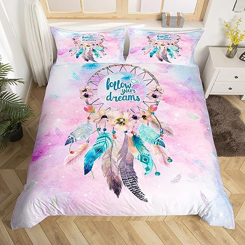 Homemissing Dreamcatcher Parure de lit 220 x 240 cm Attrape-rêves Fleurs Plumes Housse de Couette Chasseurs de Rêves Literie Enfant Adolescent coloré Bohamian Housse de Couette Rose Coloré Tie - Dye