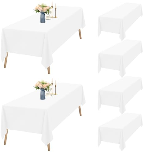 6er-Set Weiße Tischdecken Rechteck 153 x 260 cm, wasserdichte Polyester Weiße Tischdecken für 6ft Tisch, Waschbar Rechteckige Tischdecke für Party Hochzeit Buffet Camping Restaurant(60x102in)