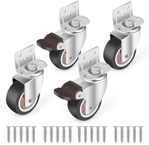 Winter Shore Rollen für Möbel Seitliche Befestigung [4er-Pack] - Leise, Abriebfreie, L-Förmige Gummi-Lenkrollen 50mm Bett & Schrank - Kugellager, Bremsen, Schrauben, 360°-Drehplatte - 110 kg Tragkraft