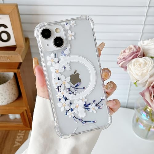 DEFBSC Magnetic Case for iPhone 15 [Compatible with Magsafe], Clear Floral Flower Print Design Flexible Acrylic Bumper Protective Shockproof Case for iPhone 15 - White Pear Blossom