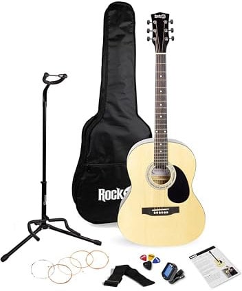 RockJam Acoustic Guitar Kit with Stand, Gig Bag, Tuner, Picks, Plectrum Holder, Spare Strings & Lessons