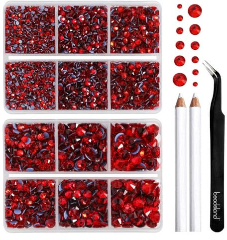 BEADSLAND Hotfix Strasssteine, 6080 Stück Rot Strasssteine für Kleidung Kunsthandwerk gemischt 6 Größen mit Wachsstift und Pinzette Kit,SS6-SS30,Helles Rot