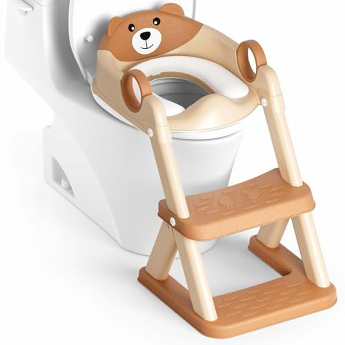 Rabb 1st Bear Potty Training Seat, Upgrade 2 in 1 Toddler Toilet Seat,Splash Guard Anti-Slip Pad Step Stool,Brown