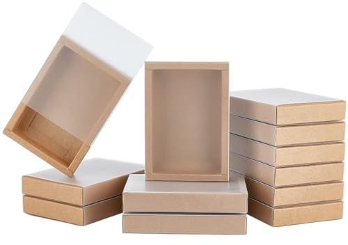 BENECREAT 16 Pcs Boîte à Tiroirs Cadeau Kraft avec Couvercle en Plastique Translucide Boîte à Tiroirs Cadeaux avec Fenêtre Givrée en PVC pour Boîte-Cadeau Mariage, Emballage Bijoux 13.8x9.7x2.5 cm
