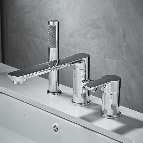 VECNUM 3 Loch Wannenrandarmatur Mit Ausziehbarem Handbrause Wannenrand Badewanne Armatur Set,Silber