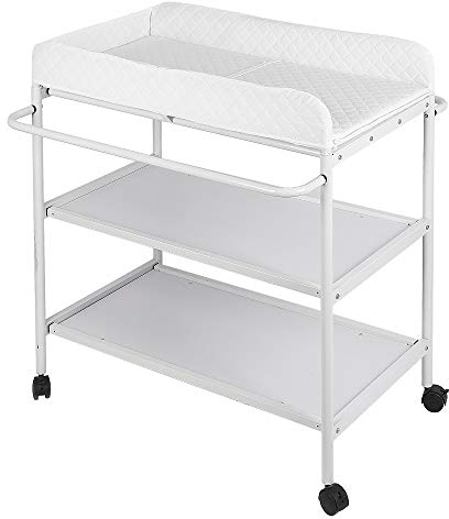 Klappbarer Wickelkommode mit Aufbewahrungskorb - Für das Neugeborene Kleidung und Windeln Wechseln - Tragbarer Wickeltisch mit 4 Räder, Höhenverstellbar, 25 kg Max (84 * 72 * 90cm, Weiß)