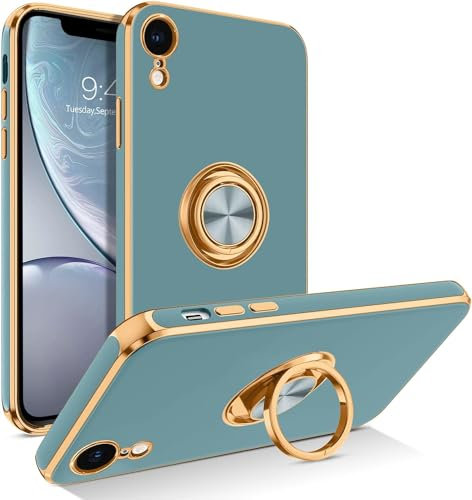 iPhone XR Silicone Case for Women Girls iPhone XR Phone Case with Ring Holder 360° Kickstand Slim Luxury Bling Plating Soft TPU Anti-Scratch Shockproof Bumper Phone Case for iPhone XR - Teal