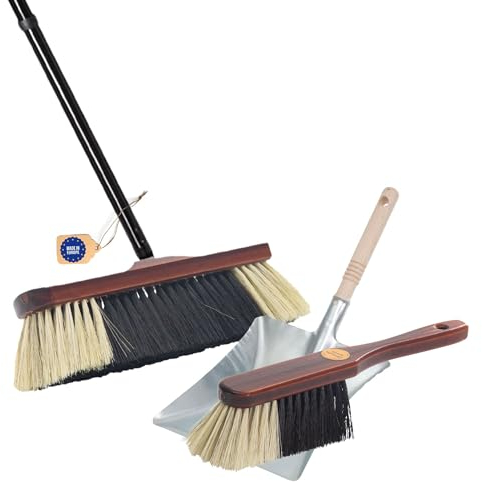 Novaliv Juego de 4 Piezas: Escoba Con Mango, Cepillo de Mano, Metal Galvanizado, Cerdas Suaves, Armario y Recogedor