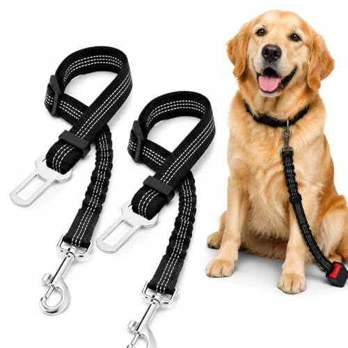 Dog Seat Belt for Cars Adjustable Elastic Bungee Buffer| Strong Durable Dog Car Harness - Dog Seat Belt 360 Degree Swivel Tangle Free - Reflective, Easy to Use (2 PACK-BLACK & BLACK)