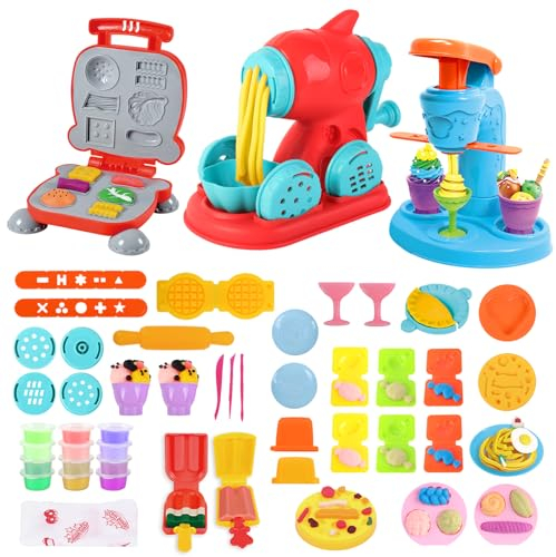 deAO Knetwerkzeug Teig Plastilin Werkzeuge, 52Stk. Knete Set für Kinder mit 12 Dosen Knete, Kinderknete Kitchen Creations Eismaschine Nudelmaschine Burgermaschine, Lernspielzeug Geschenk Mädchen Junge
