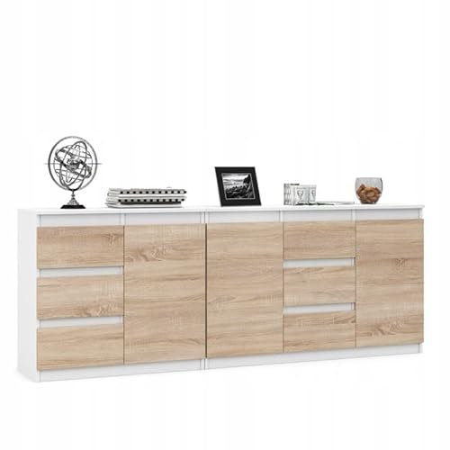 VBChome Zwei Kommode 120 x 35 x 75 cm und 80 x 35 x 75 cm Weiß - Eiche Sonoma Grifflose Schubladenkommode Mehrzweckschrank für Flur Schlafzimmer Wohnzimmer