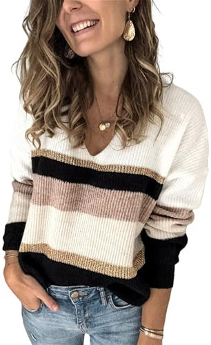 HEYPORK Damen Herbst Winter Warm Bequem Pullover Casual Mode Strickjacke Strickpullover Frauen Mode Pullover Patchwork V-Ausschnitt Strickpullover(Schwarz, M)