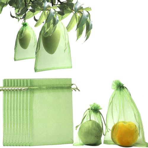 100Pcs Protection Mesh Bags with Drawstring, Green Cover Netting Barrier for Plant Strawberry Blueberry Small Fruit Farm Garden