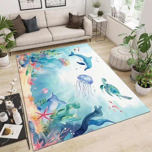 Rugs Aquarell Meerestiere Teppich Kurzflor Extra Weich Pflegeleicht Anti-Rutsch Teppiche für Küche Esszimmer Jugendzimmer Kinderzimmer Schlafzimmer Hellblau 140 x 200 cm