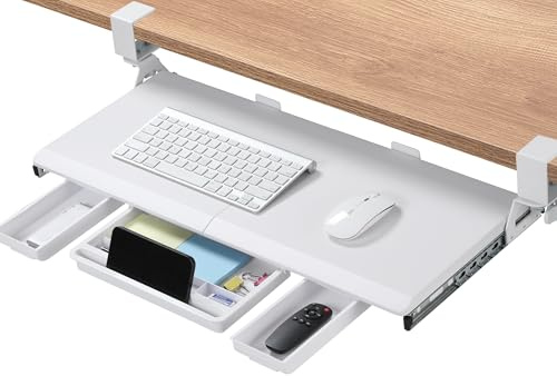 ETHU Under Desk Keyboard Tray with Storage Drawers 68x30cm, White | Retractable Keyboard Drawer with C-Clamp, Sliding Keyboard Shelf for Home and Office