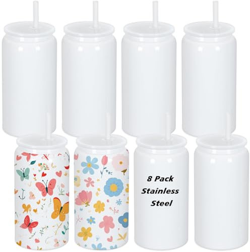Muwnrol 8 Pack 16 Oz Sublimation Can, Stainless Steel Double Layer Vacuum Insulation Sublimation Cups, Sublimation Beer Can, 16 Oz Sublimation Tumblers (White)