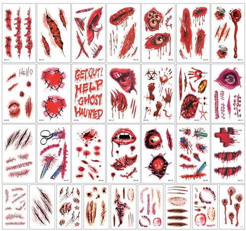Tatuaggi temporanei(30 fogli), Halloween Scars Tatuaggi, Halloween Temporanei Rimovibili Tatuaggi, Per Adulti Uomo Donne (Rosso)
