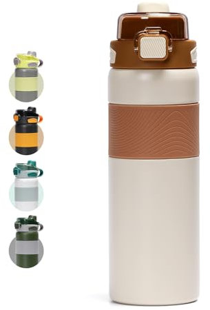 pluseight Insulated Water Bottle 800ml (27oz) with Straw and Lid Stainless Steel Sports Water Bottles, Leak Proof, Flip Lid, Carry Handle for Gym, Travel, Sports (Beige)