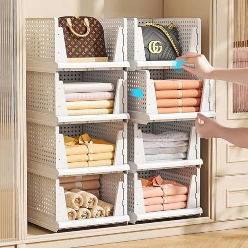 Ulrikco Stackable Foldable Wardrobe Storage Organiser | 4-Section Drawers for Inside Wardrobe & Cupboards | Collapsible Plastic Storage Boxes | Ideal for Clothes, Shelves, Kitchen Cabinet Organisation