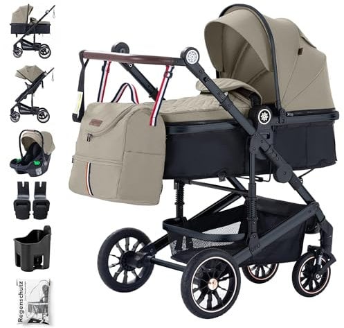Daliya® NEOMOVE 3in1 Kinderwagen, Buggy & i-Size Babyschale | Alu-Rahmen | Reisekinderwagen & Sportwagen | Großer Einkaufskorb | Stadt & Gelände (Schwarz-Beige)