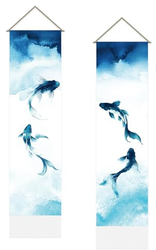SUPERDANT Wandteppich Mit Tinten Koi Motiv Moderne Wandbehang Blues Koi Wanddecke Langer Wandteppiche 2 Stück Tapestry Mit Quaste Für Wohnzimmer Schlafzimmer Hintergrunddekor