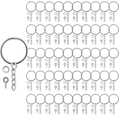 Schlüsselring mit Kette 150 Schlüsselanhänger Basteln Set,50Schlüsselanhänger Ringe Kette + 50 Schrauböse Pins- + 50Schlüsselringe 25mm für Schlüssel Handwerk DIY, Taschen Schmuckherstellung (Silber)