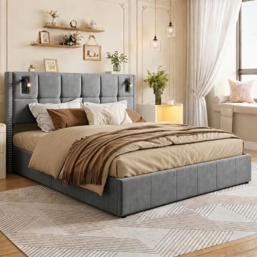 Bett mit Bettkasten 160x200 cm, Funktionsbett mit Lattenrost, Polsterbett Doppelbett 160x200,Hydraulisch Stauraumbett mit Leseleuchte,Jugendbett mit Kopfteil und Lattenrost, Doppelbett mit Stauraum