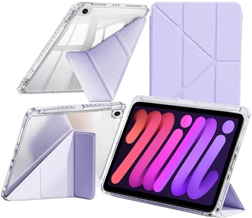 Case Compatible with iPad mini (A17 Pro, 2024 Model, 7th Generation) / iPad Mini 6 2021 with Pencil Holder, Shockproof Clear Cover, 6-in-1 Y fold Stand, Auto Wake/Sleep, Lilac Purple