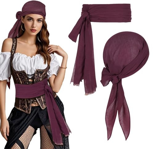 TUONYIS 2 Stücke Piratenkostüm Zubehör, Piraten Kopftuch, Piraten Gürtel Schärpe, Kopftuch Taillengürtel Piratenkostüm Damen Herren Accessoires, Karneval Kostüm Pirat, für Cosplay Halloween (Weinrot)