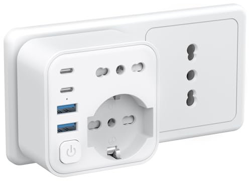 Adattatore Schuko Presa Italiana, Presa Salvaspazio con 16A, Spina Italiana, Adattatore Multipresa Elettrica da Muro con 1 Schuko & 1 Prese IT & 4 USB, 3680W, per Ufficio Casa Viaggio