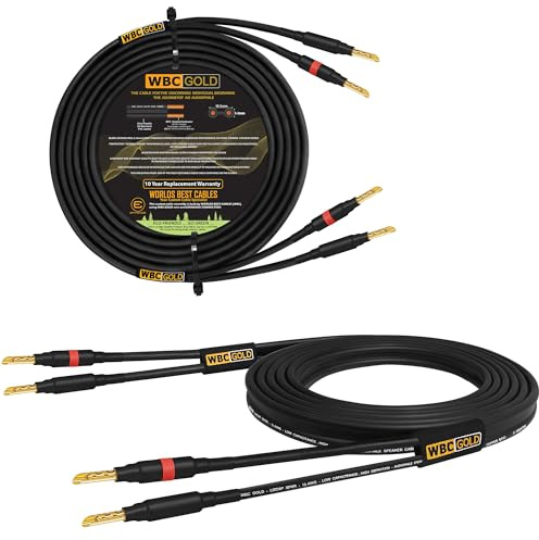 WORLDS BEST CABLES 10 Foot WBC-GOLD-LOCAP-SPKR-10 AWG - Low-Capacitance - Low-Inductance - High Purity OFC - Audiophile HiFi Speaker Cable Pair with Eminence Gold Banana Plugs