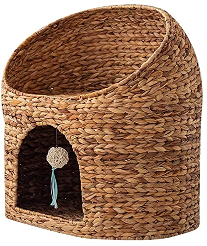 Lit pour chat fait à la main en jacinthe d'eau naturelle avec 2 étages, meuble tressé pour chat adulte pour un confort intérieur