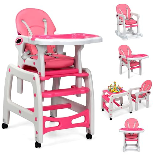 FANTASK 3 in 1 Babystuhl, Hochstuhl & Essstuhl & Kindersitzgruppe, Babystuhl mit Abnehmbares Doppeltablett & 5-Punkt-Sicherheitsgurt(rosa)