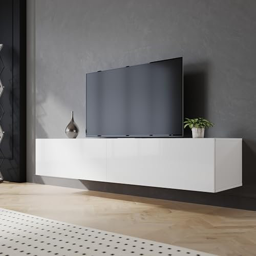 SIRHONA Meuble TV Blanc, Meuble Tele Peut être Suspendu ou Posé au Sol, 2 Placards avec Portes, Super Espace de Rangement, 160x40x30cm, Convient pour Salon ou Chambre