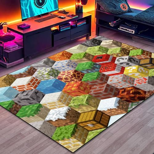 Block-Spiel-Teppich für Teenager, Jungen, Teppich mit Pixel-Spielelementen, Dekorationsmatte, Würfel-Block-Spielteppiche für Jungen-Schlafzimmer, Wohnzimmer, Spielzimmer, rutschfeste