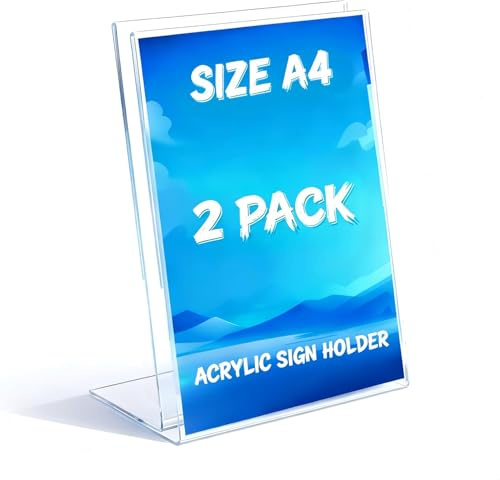 Toowood A4 Acrylic Sign Holder, 2Pack L-Shaped Clear Slant Display Stand, Menu Holder, Posters, Brochures, Flyers, Signs, Ideal for Restaurants, Bars, Offices & Stores