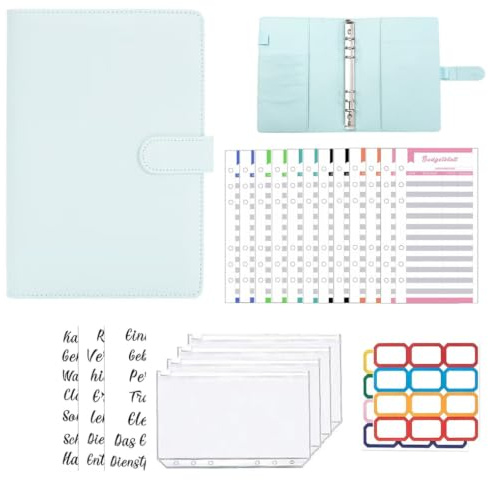 Dakuailo A6 Budgetplaner mit deutschen Budgetblättern, blau, 12 Taschen | A6 Budgetplaner auf Deutsch, Umschlagmethode für Bargeld, Sparbuch & Geldbörse mit Fächern, kompakt