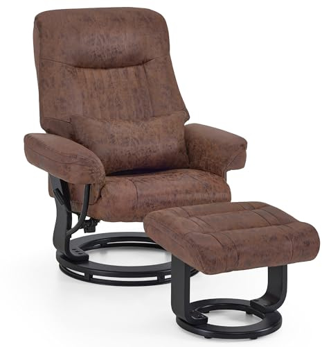 M MCombo Relaxsessel mit Liegefunktion, Lesesessel, 360° Drehbarer Fernsehsessel mit Hocker, mit Kissen & Seitentasche, bis 120 Kg Belastbarer TV-Sessel für Wohnzimmer, 9035 (Braun)