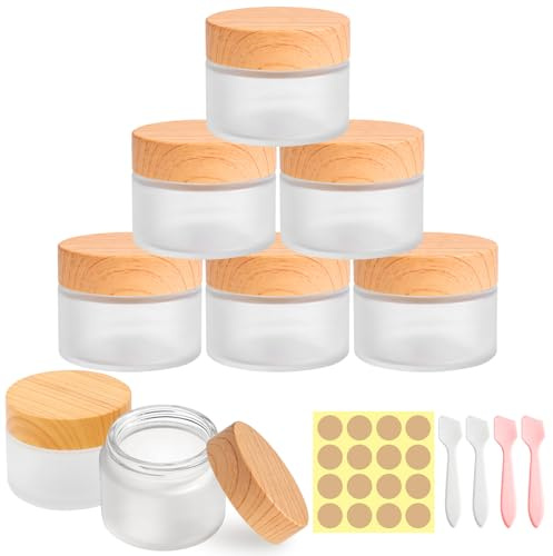 Dotilili 8 Pièces Pot en Verre Dépoli 50ml, Petite Pots de Crème Vide Cosmétiques avec Couvercle Spatule et Étiquette, Rechargeable Pots pour Cosmétiques Crèmes Lotion