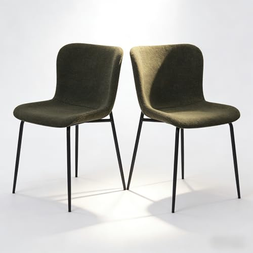 2er Set Esszimmerstühle mit Metallgestell, pulverbeschichtetes Stahlrohr in Schwarz, Stoffbezug mit Schaumpolsterung, in 3 Farben: Beige/Khaki/Dunkelgrün, kompakte Maße 55x48x80 cm