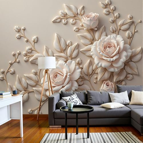 Fototapete 250x175cm (B×H), Tapete 3D-Blumen 3D Effekt, Relief Rose Wandbild Wandtapete Hauptdekorationen für Wohnzimmer Schlafzimmer, UV-Beständig Seidenstoff Tapete, Beige Braun Grün