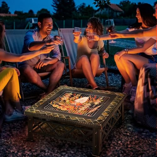 KlimaRaum 3-in-1-Feuerstelle mit Funkenfunktion, Grillrost und Eisschale, für den Außenbereich, Metall, Schwarz, für Grill, Gartenheizung, Terrasse und Camping, 76 x 76 x 47 cm