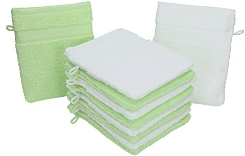 Betz 10 Stück Waschhandschuhe Palermo 100% Baumwolle Waschlappen Set Größe 16x21 cm Farbe weiß und grün
