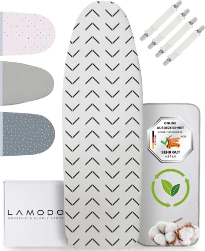 lamodo® - Bügelbrettbezug 120x40 cm - Bügelbezug aus Baumwolle - Dampfbügelgeeignet - Extra Dicke Polsterung + Gummizug und Spannern, 115-122 cm - 35-45 cm