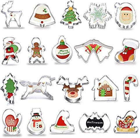 Okaytec Tagliabiscotti Natalizi set - 20 pz Formine Biscotti a Tema Natalizio con Forma di Babbo natale & Slitta & Alce & Fiocco di neve Ecc - Stampini per Biscotti in Acciaio Inox per Natale