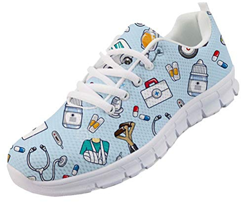 chaqlin Krankenschwester Flache Schuhe Damen Mädchen niedlichen Cartoon Krankenschwestern gedruckt Damen Turnschuhe Schuhe atmungsaktiv Mesh Wohnungen Laufschuhe blau Größe EU39