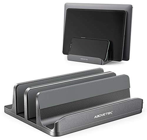 AboveTEK Vertikaler Laptopständer, Laptophalter für Laptop bis zu 17,3 , Aluminium 4 in 1 Laptop Stand, 3 Steckplätze Anti-Rutsch-Silikongriffe für MacBook/Notebook/iPad/Laptop/Tablet/Telefon-Grau